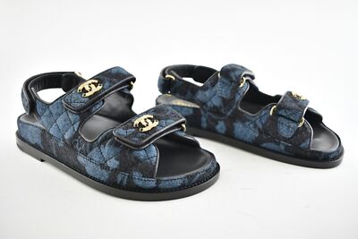 Pre-owned Chanel 21a Blue Black Grey Denim Cc Logo Mule Slide Strap Flat Dad Sandal 36