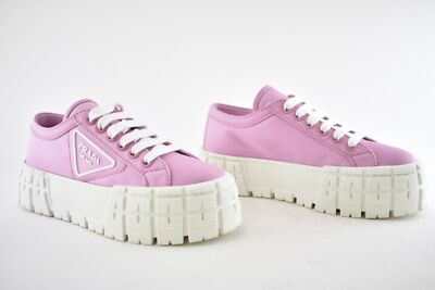 Pre-owned Prada Pink Nylon White Platform Lug Sole Lace Flat Low Top Trainer Sneaker 37.5