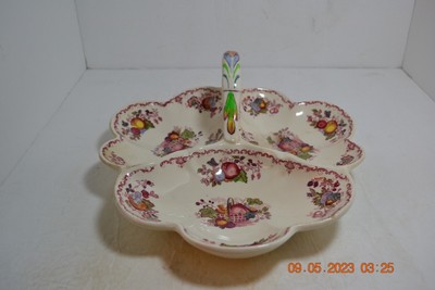 Rare Early Mason's Fruit Basket 3 Section Handled Appetizer Serving Dish