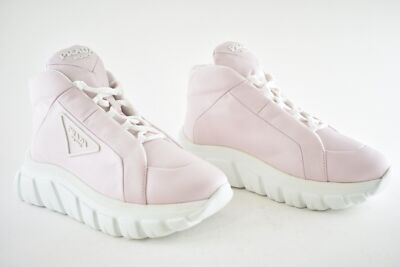 Pre-owned Prada Rush Piuma Nylon Pink White Platform Flat High Top Trainer Sneaker 39
