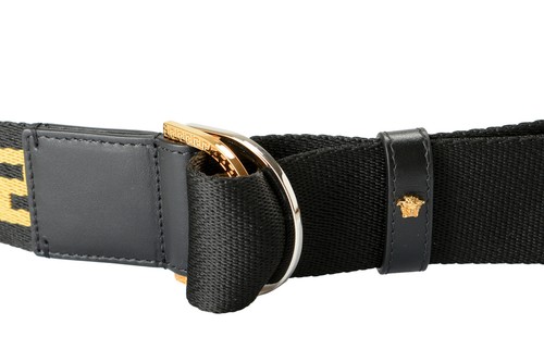 Pre-owned Versace Leather Trimmed Tow-tone Black And Gold Greeca Print Belt