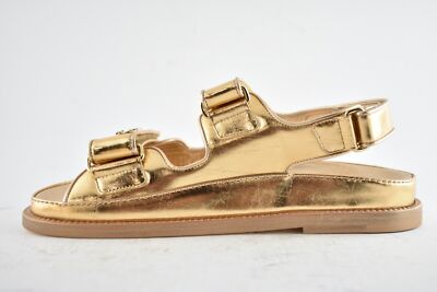 Pre-owned Chanel 22c Golden Gold Laminated Cc Logo Mule Slide Strap Flat Dad Sandal 36.5