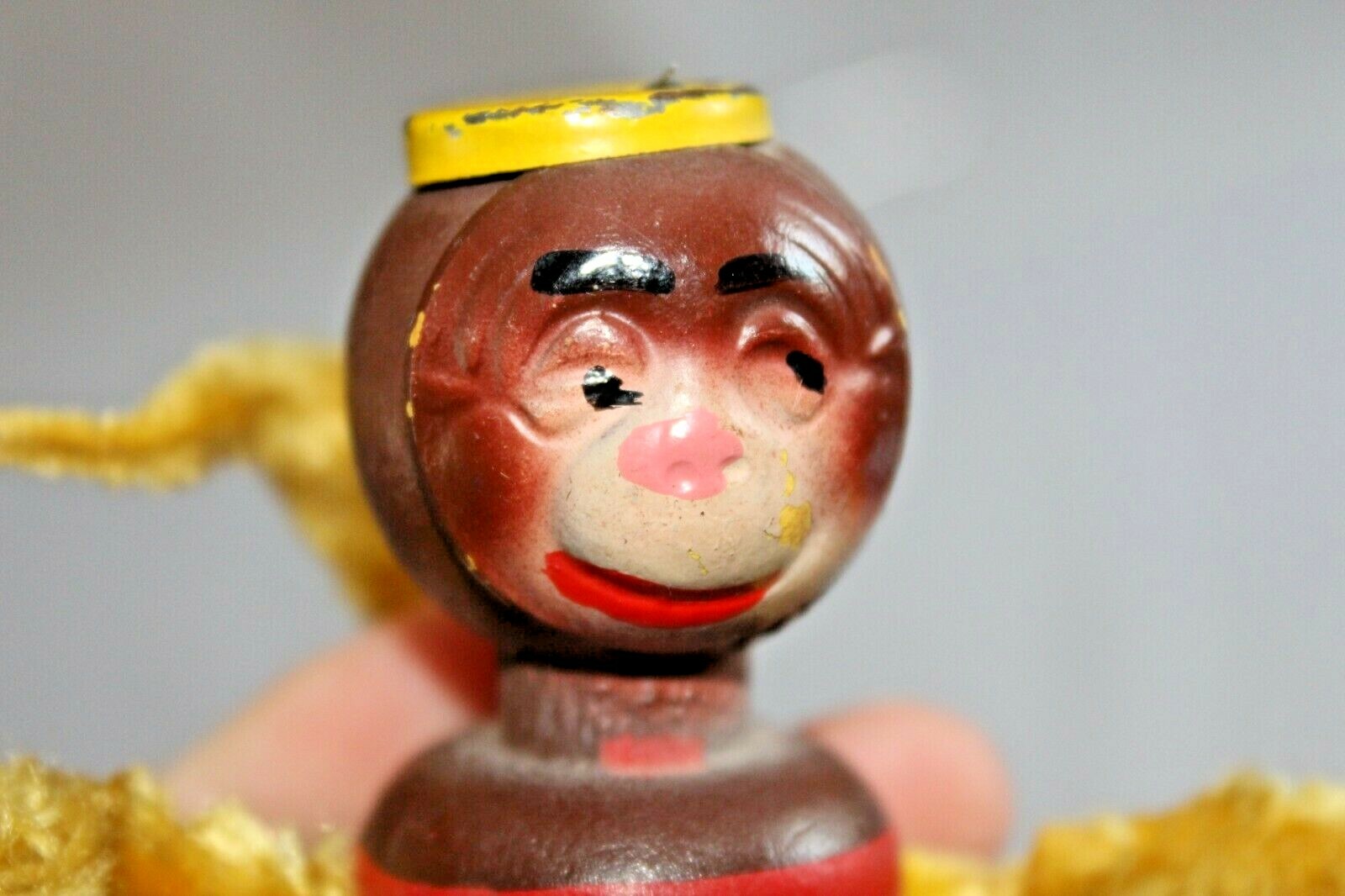 FABULOUS ANTIQUE HAND PAINTED WOODEN MONKEY & CHENILLE ARMS LEGS + TAIL!