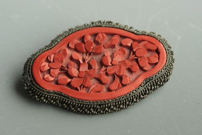 Antique Chinese Export Hand Carved Cinnabar Brooch Pin