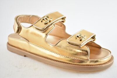 Pre-owned Chanel 22c Golden Gold Laminated Cc Logo Mule Slide Strap Flat Dad Sandal 36