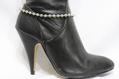 Women Western Boot Bracelet Silver Metal Chain LInk Mini Balls Anklet Shoe Charm