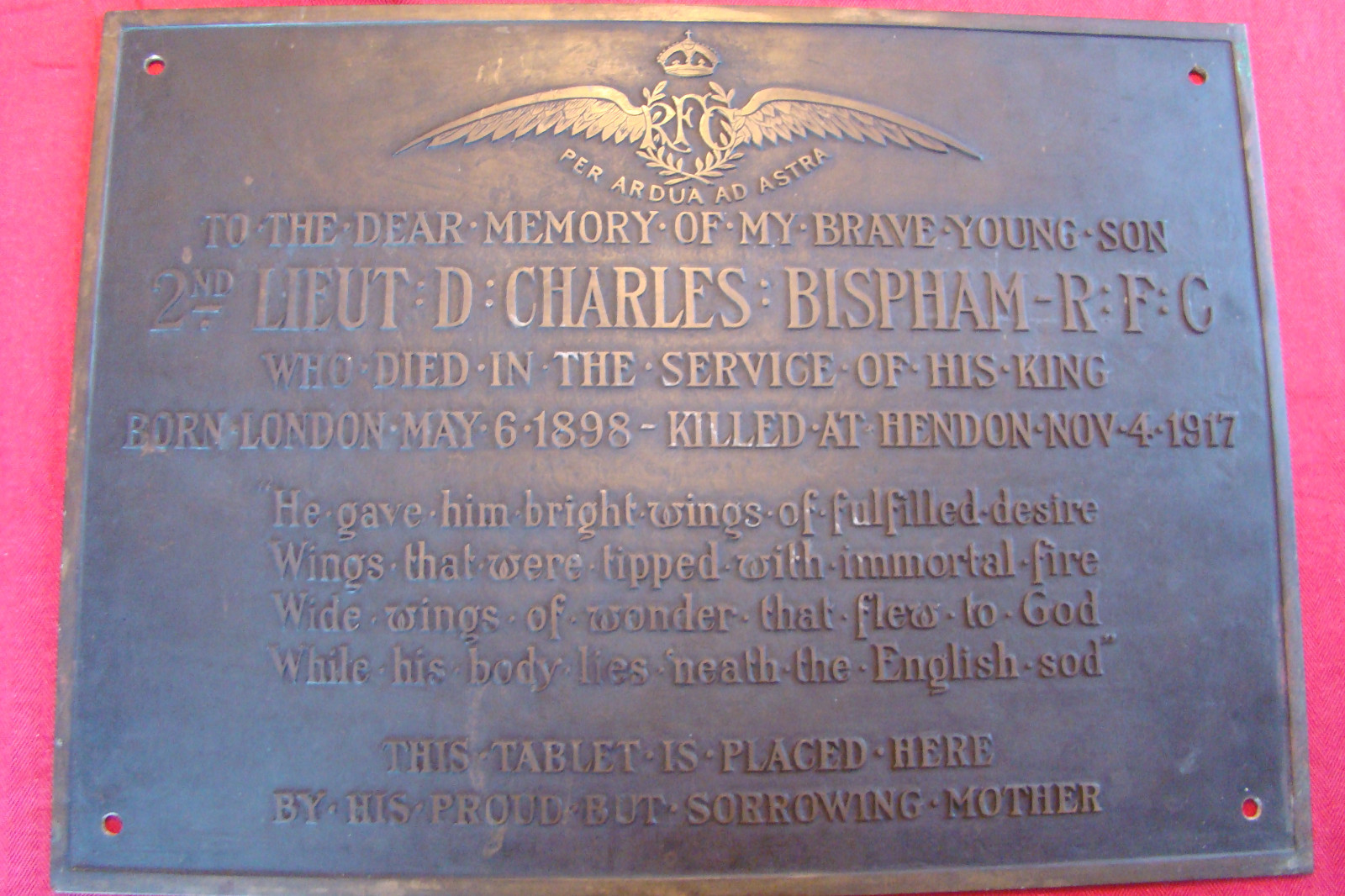 LARGE RFC MEMORIAL PLAQUE TO LT.. BISPHAM, KILLED HENDON 1917