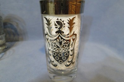 Vintage MCM Bar Set - Kimiko Crest 8 Glass Tumblers Ice Bucket Chrome Caddy