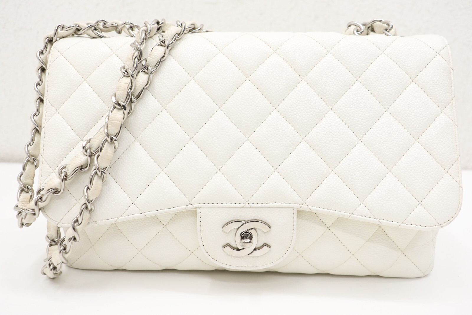 Chanel White Vintage Classic Single Flap Bag Quilted Caviar