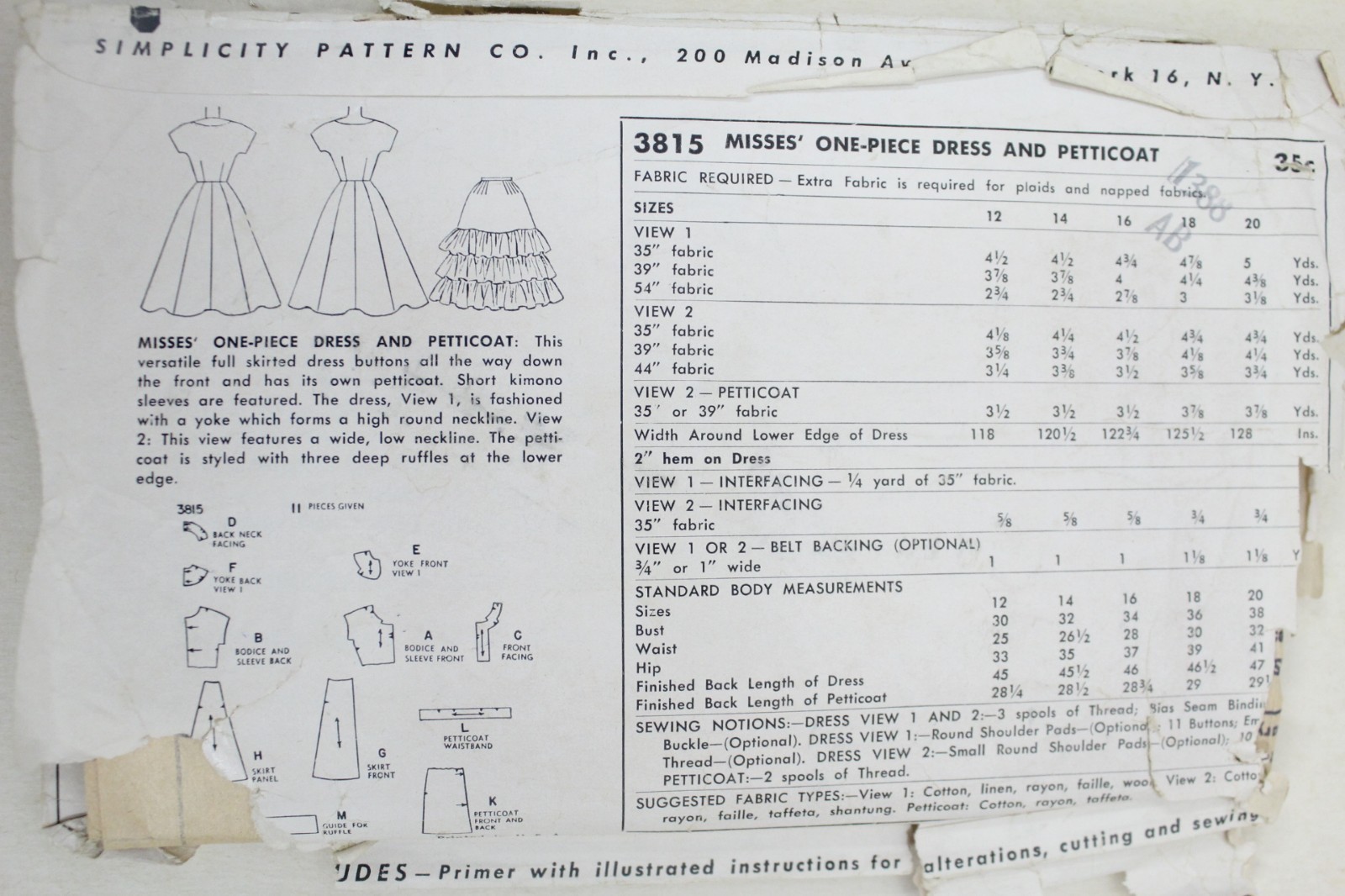 Vtg Sewing Pattern Simplicity #3815 Size 14 Bust 32 Dress 1940s 1949 