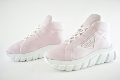 Pre-owned Prada Rush Piuma Nylon Pink White Platform Flat High Top Trainer Sneaker 39