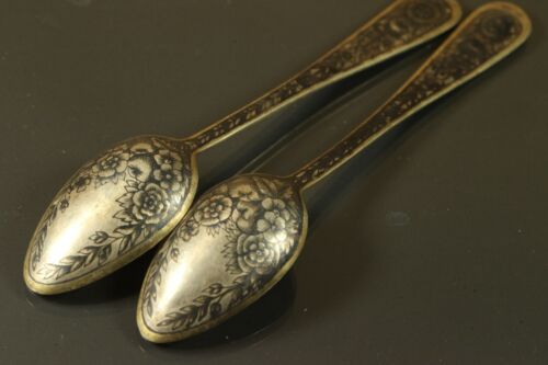 Antique Soviet Russia Sterling SILVER 875 NIELLO Tea Spoons set 2pcs. T123