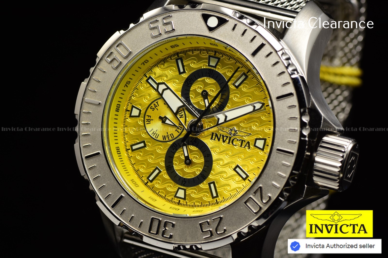 Invicta Mens VINTAGE 50mm Quartz Yellow Dial Mesh Steel Tone