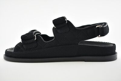Pre-owned Chanel 21c Black Fabric Silver Logo Mule Slide Strap Flat Teva Dad Sandal 37.5
