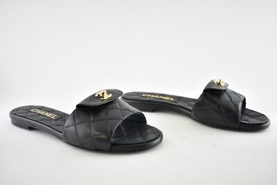 Pre-owned Chanel Rev Black Turnlock Quilted Gold Cc Logo Mules Slide Sandal Flop Flat 36.5