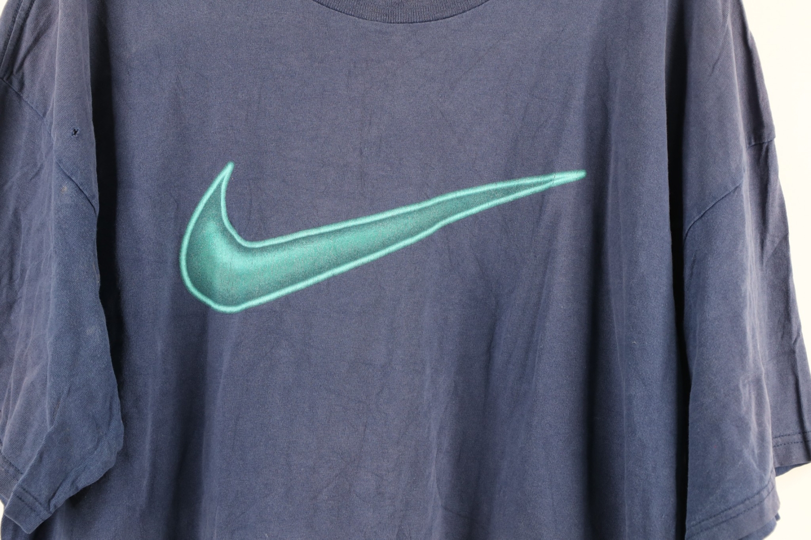Vintage 90s Nike Mens XL Thrashed Travis Scott Big Swoosh Logo T-Shirt Blue USA