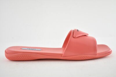 Pre-owned Prada Corallo Red Rubber Leather Triangle Logo Slide Sandal Flip Flop Flat 39