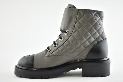 Pre-owned Chanel 21a Grey Black Quilted Cc Chain Combat Lace Up Tie Ankle Short Boots 38