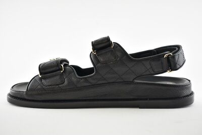 Pre-owned Chanel Rev Black Caviar Gold Cc Logo Mule Slide Strap Flat Teva Dad Sandal 39.5