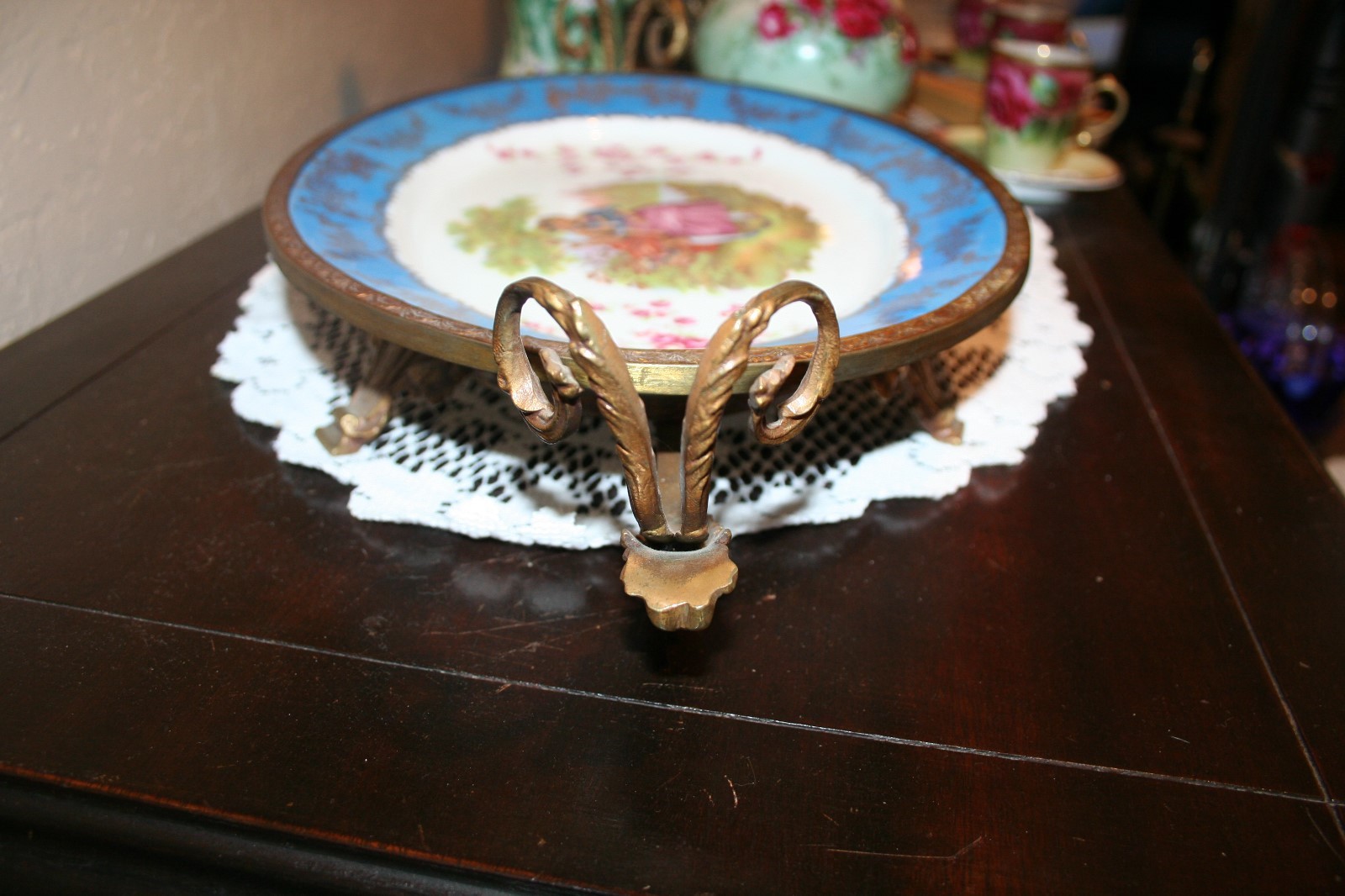 Antique French bronze mounted porcelain Limoges Signed Ornate Footed Platter