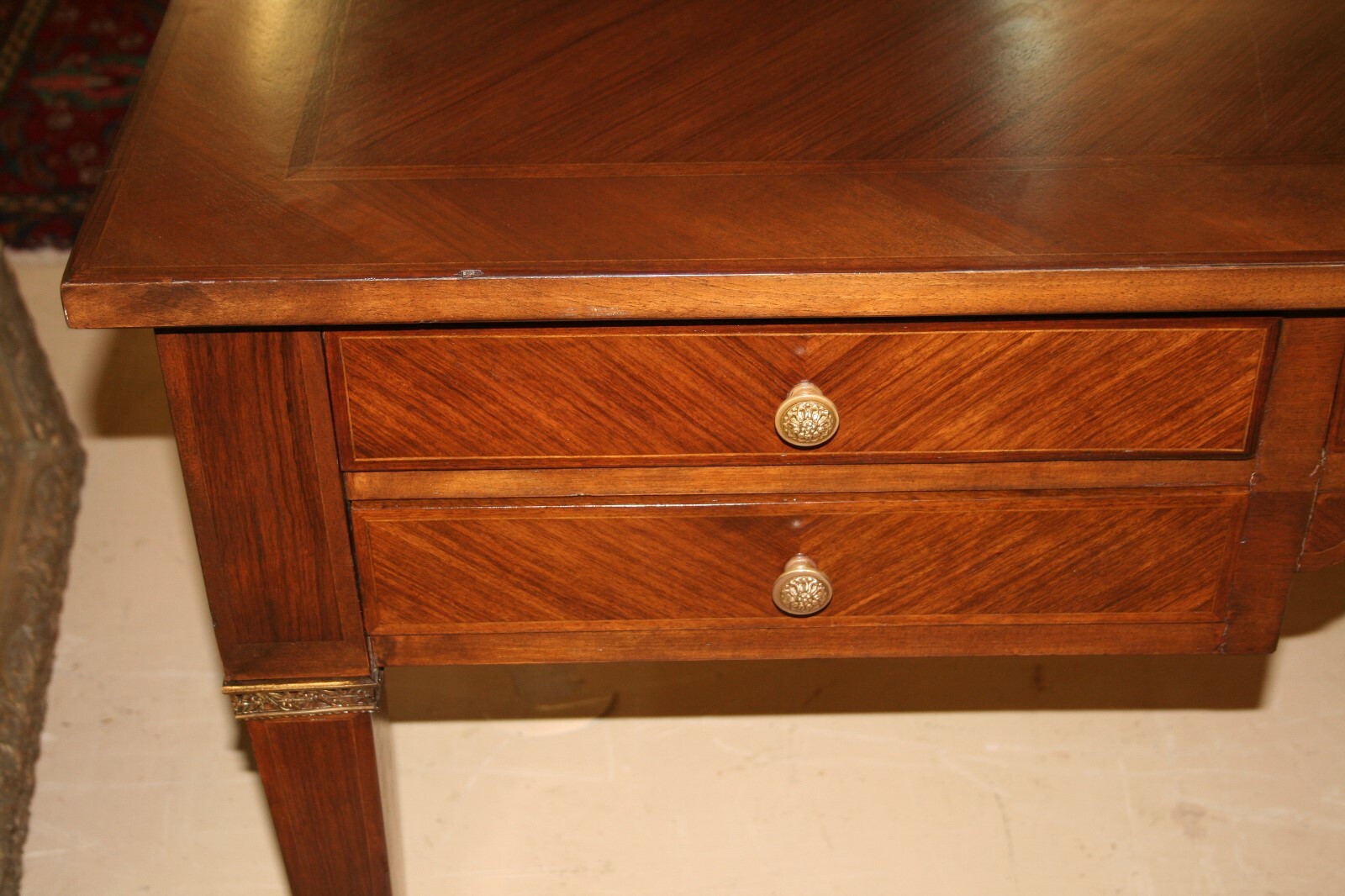 Antique French Louis XVI Style Walnut Desk Bureau Plat, 20th C. Ormolu Accents