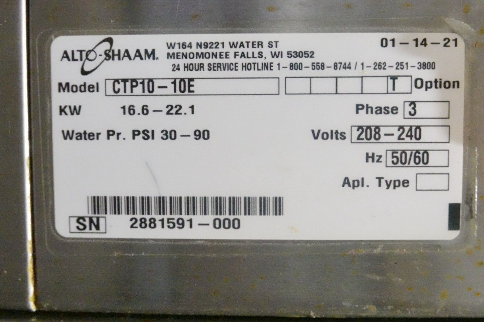 2021 ALTO-SHAAM 10 PAN ELECTRIC BOILERLESS COMBI OVEN MODEL CTP10-10E