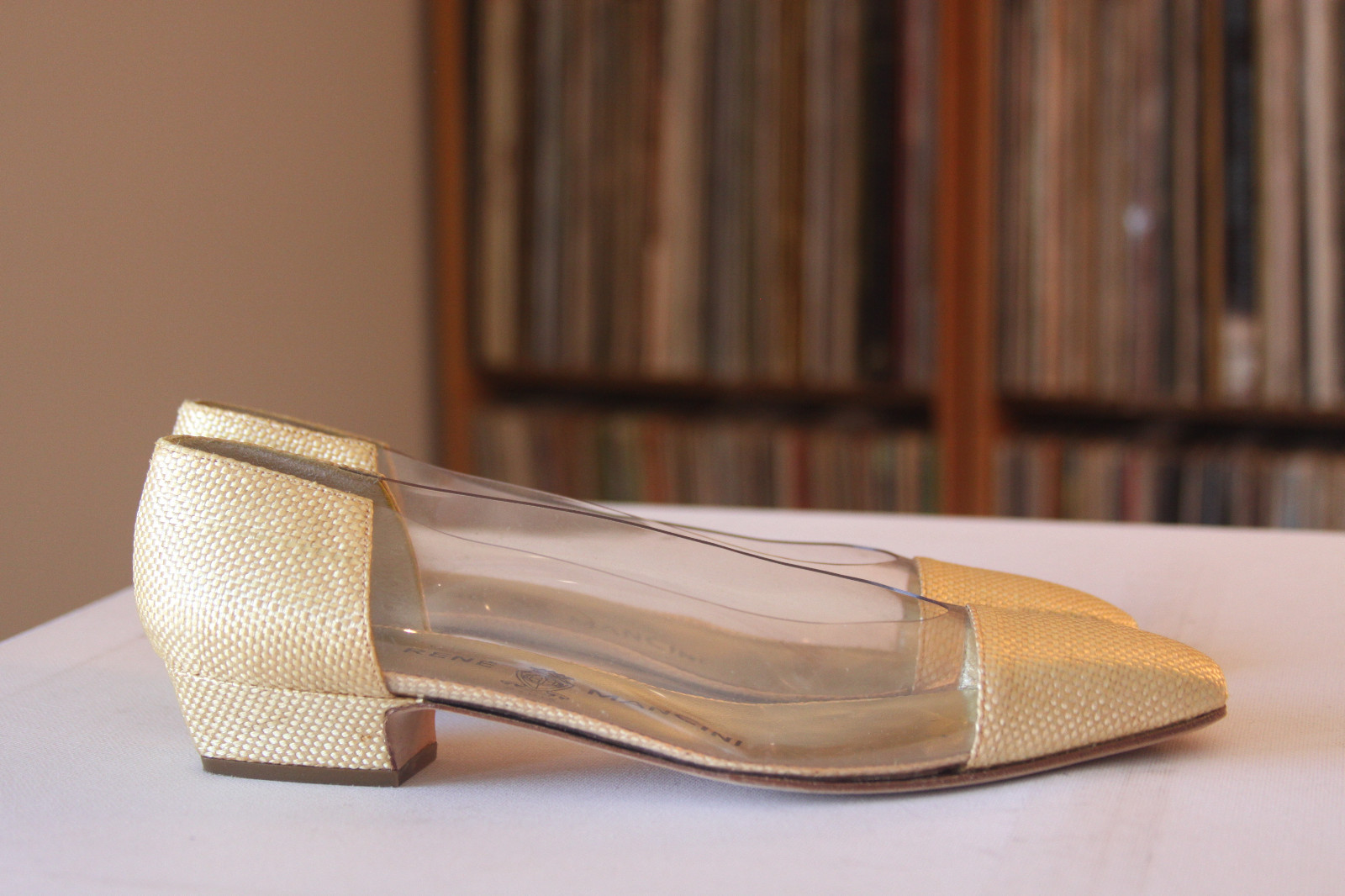 Rene Mancini Paris Gold Fabric Acrylic Panels Heels Made In France Size  37 1/2