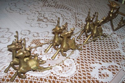 Vtg Brass Santa's Sleigh & 6 Reindeer Collectible Christmas Village sz 3