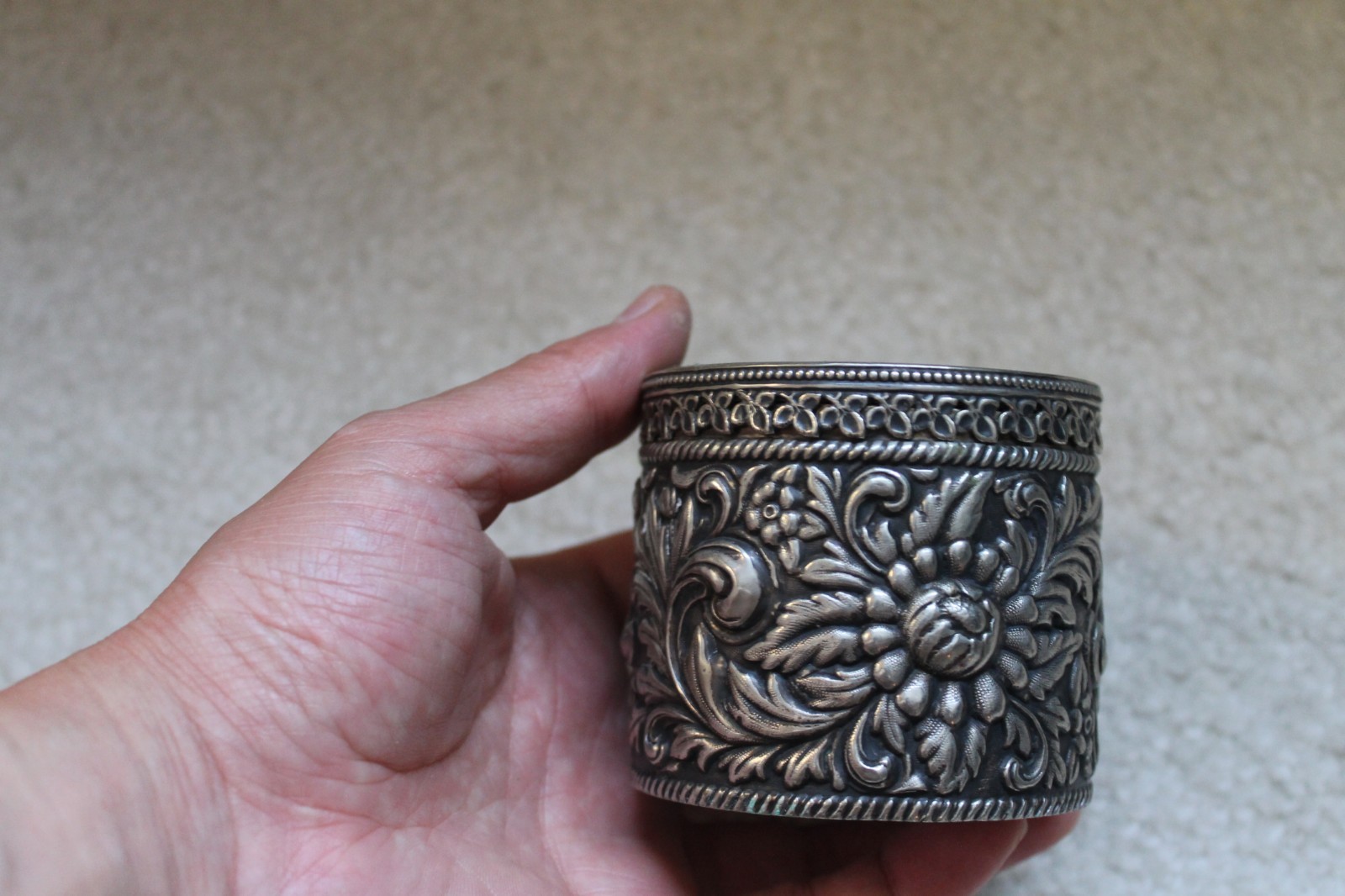 A Vintage or Antique Silver box with Great tarnished patina: 2-1/4"H x 2-3/4"D