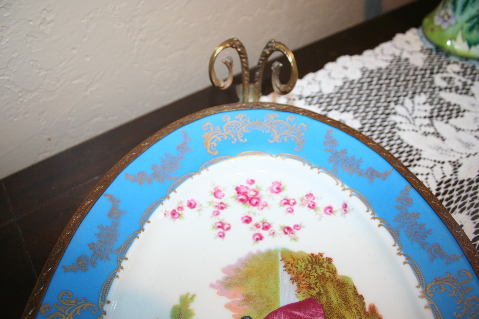 Antique French bronze mounted porcelain Limoges Signed Ornate Footed Platter