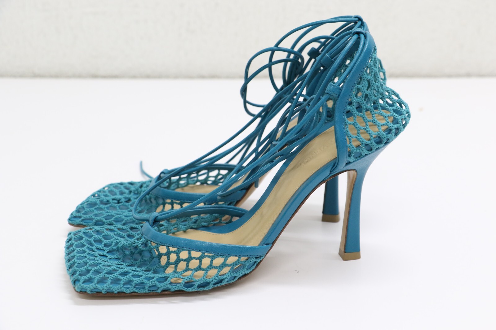 Bottega Veneta Stretch Square-Toe Ankle-Strap Mesh Pumps