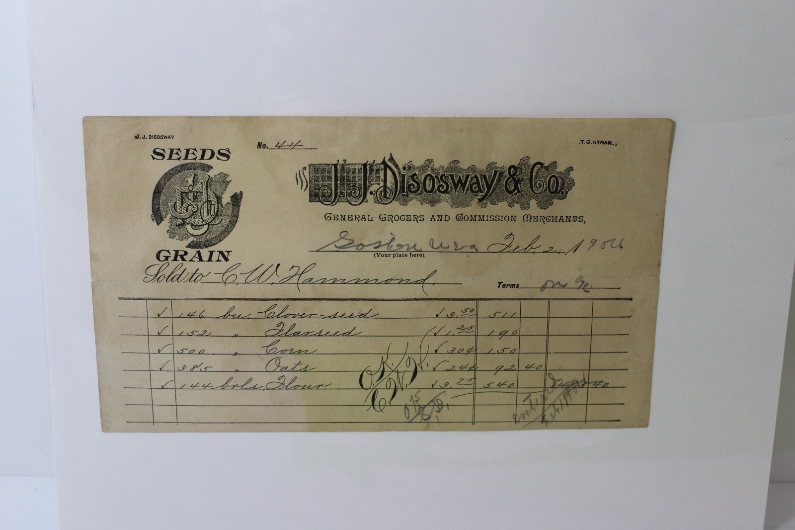1900 JJ DISOWAY CO MERCHANTS WV Letterhead Receipt General Grocers Seeds & Grain