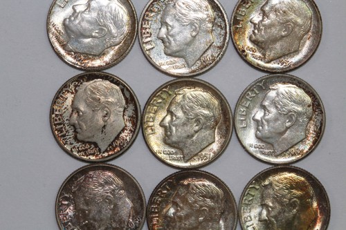 Nine Roosevelt Silver Dimes All 1950's & 1960's Rainbow