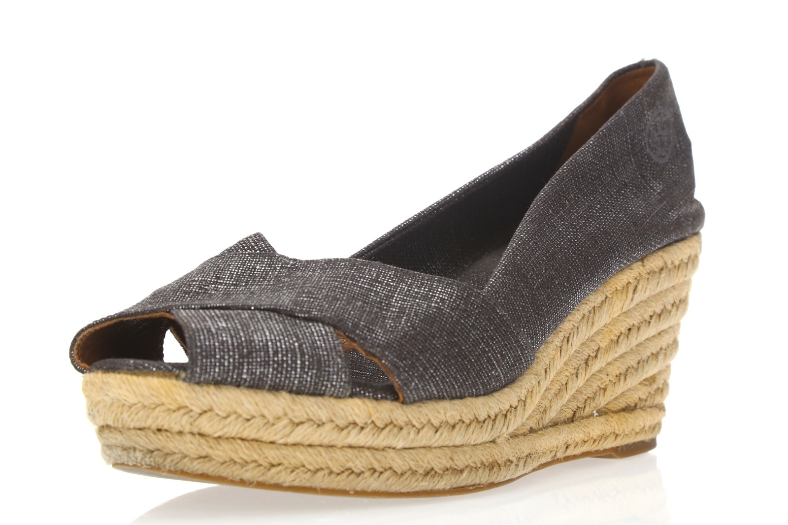 Womens TORY BURCH Metallic Canvas open toe wedges Heels sz. 10 B