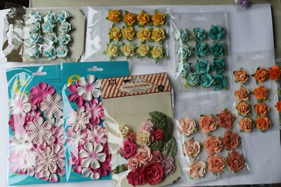 Prima Paper Flowers Lot of  7 New Packages & 2 Used Peach Yellow Blue Pink Roses