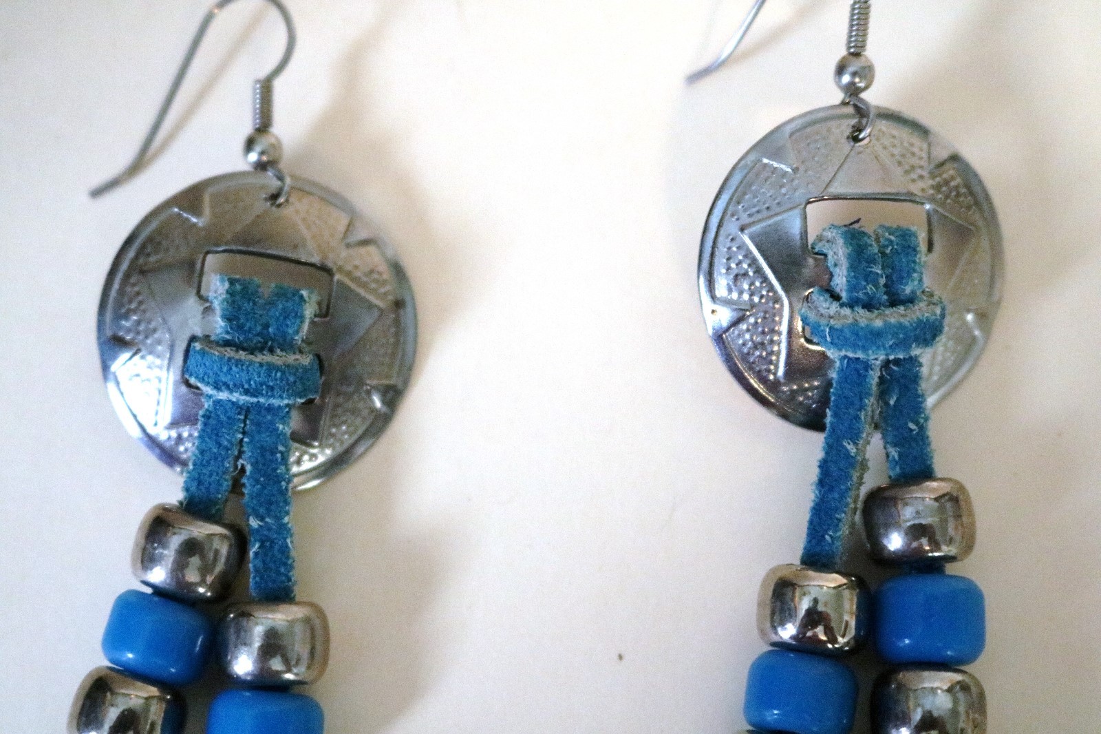Conch Pierced Earrings Southwest Vintage Blue Suede Beads Blue Silvertone