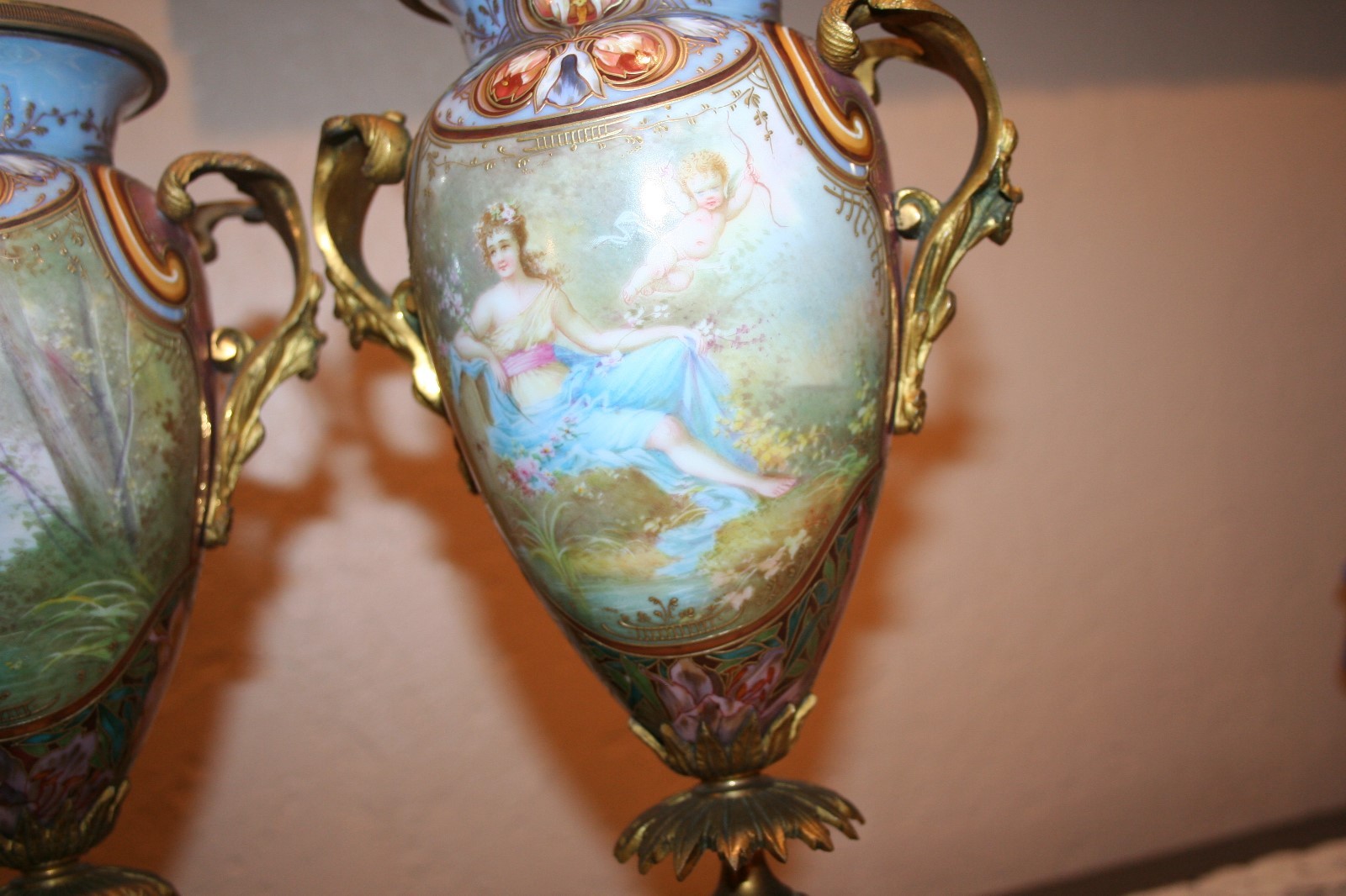 Stunning Pair of Antique French Signed Collet Hand Painted Porcelain Urns