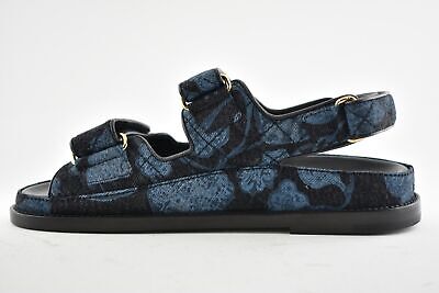 Pre-owned Chanel 21a Blue Black Grey Denim Cc Logo Mule Slide Strap Flat Dad Sandal 37