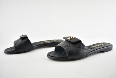 Pre-owned Chanel Rev Black Turnlock Quilted Gold Cc Logo Mules Slide Sandal Flop Flat 36.5
