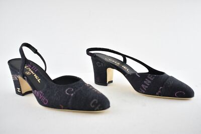 Pre-owned Chanel 22p Mademoiselle Coco Sling Black Grey Denim Slingback Sandal Heel 40.5 In Gray