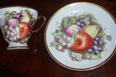 2 Piece Vintage Cup Saucer Fruits Grapes Apple Pear Hand Painted