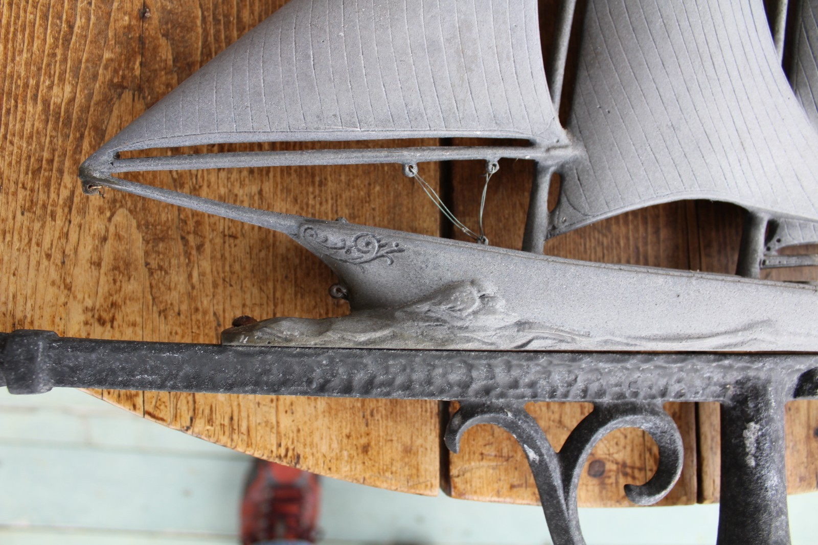 ANTIQUE NAUTICAL NICE CAST METAL SAILBOAT WEATHERVANE WITH FORGED ARROW