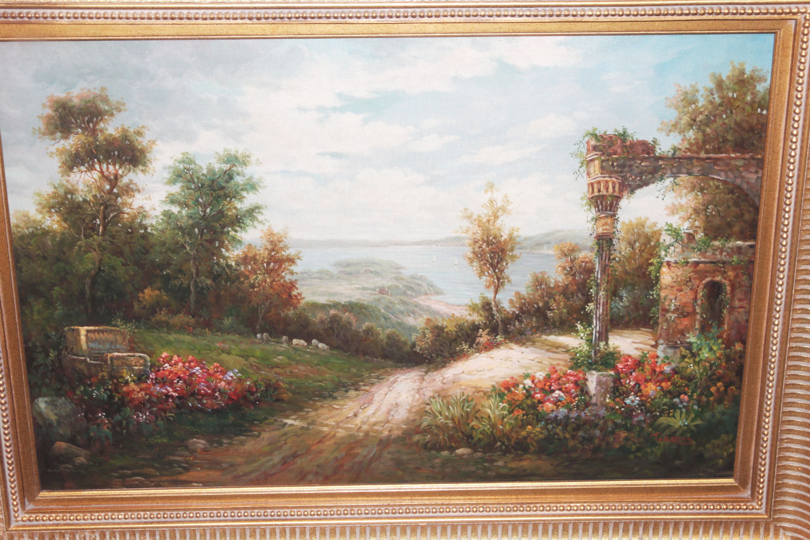 Vintage Oil Painting w/Gold Gilt Ornate Wood Picture Frame Large 48 x 36 Torrens