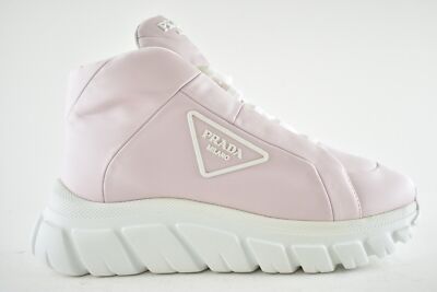 Pre-owned Prada Rush Piuma Nylon Pink White Platform Flat High Top Trainer Sneaker 39