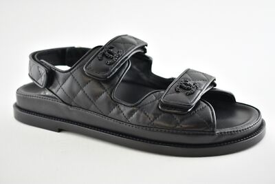 Pre-owned Chanel Black Leather Quilted Chain Cc Logo Mule Slide Strap Flat Dad Sandal 36.5