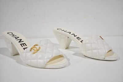 Pre-owned Chanel Rev White Lambskin Quilted Cc Gold Logo Cone Heel Mule Slide Sandal 37.5