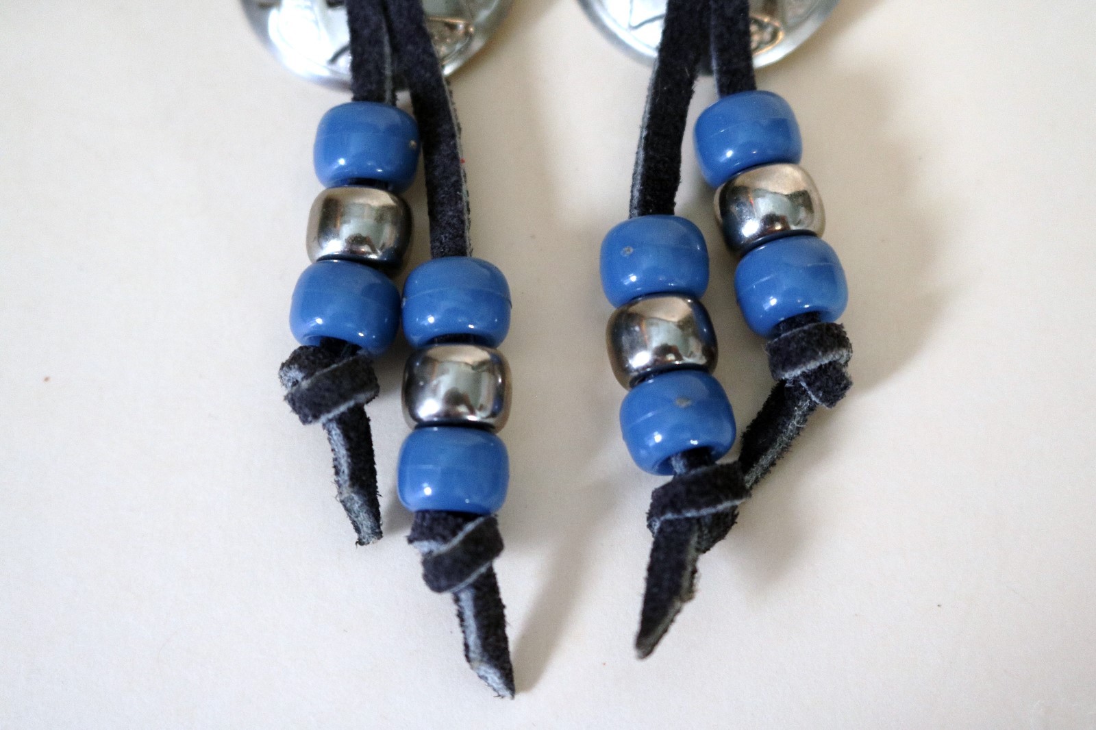 Vintage Pierced Southwest Earrings Blue Silver Beads Suede Silvertone Conch