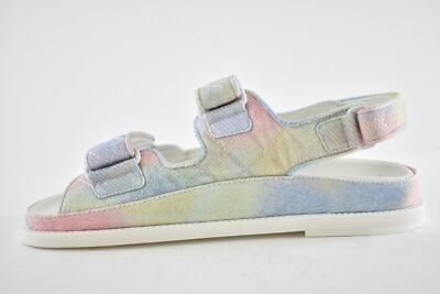 Pre-owned Chanel 22c Green Pink Blue White Cc Logo Mule Slide Strap Flat Dad Sandal 38 In Multicolor