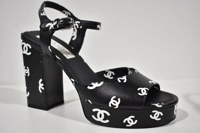 Pre-owned Chanel 22s Black White Lambskin Cc Logo Platform Strap Block Heel Sandal 36