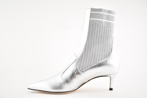 Pre-owned Fendi Rockoko Silver Scuba Stretch Ff Logo Knit Sock Ankle Kitten Heel Boot 37.5